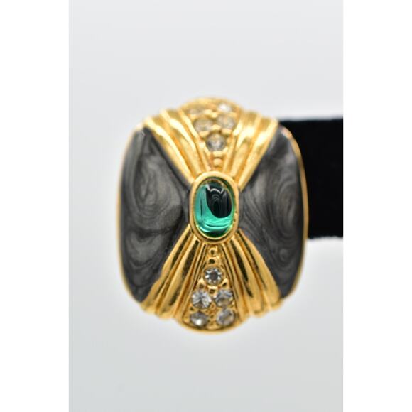 KJL Avon Cabochon Earrings Green Gray Enamel Gold Tone Stud Pierced Signed 9E - Picture 6 of 12